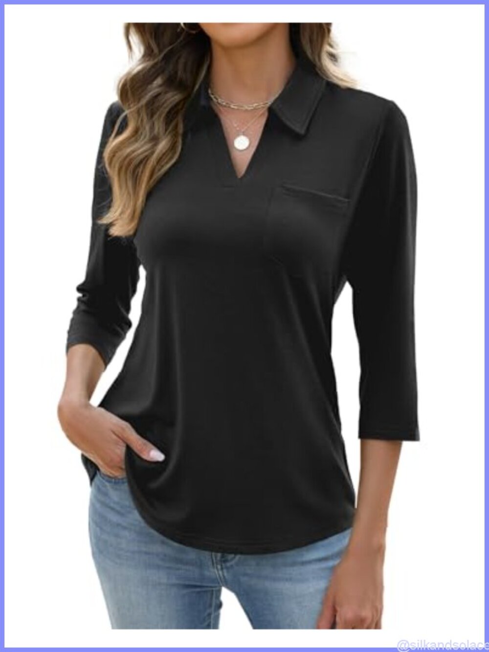 Womens 3/4 Sleeve V Neck Collared Polo Top with Front Pocket Casual